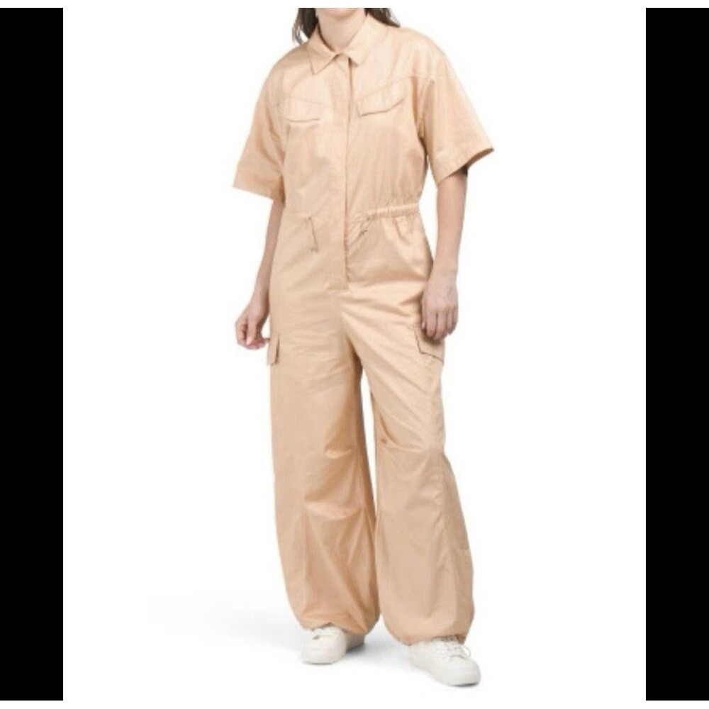 Zara 100% Cotton Shirt Jumpsuit Sz Lg Tan
